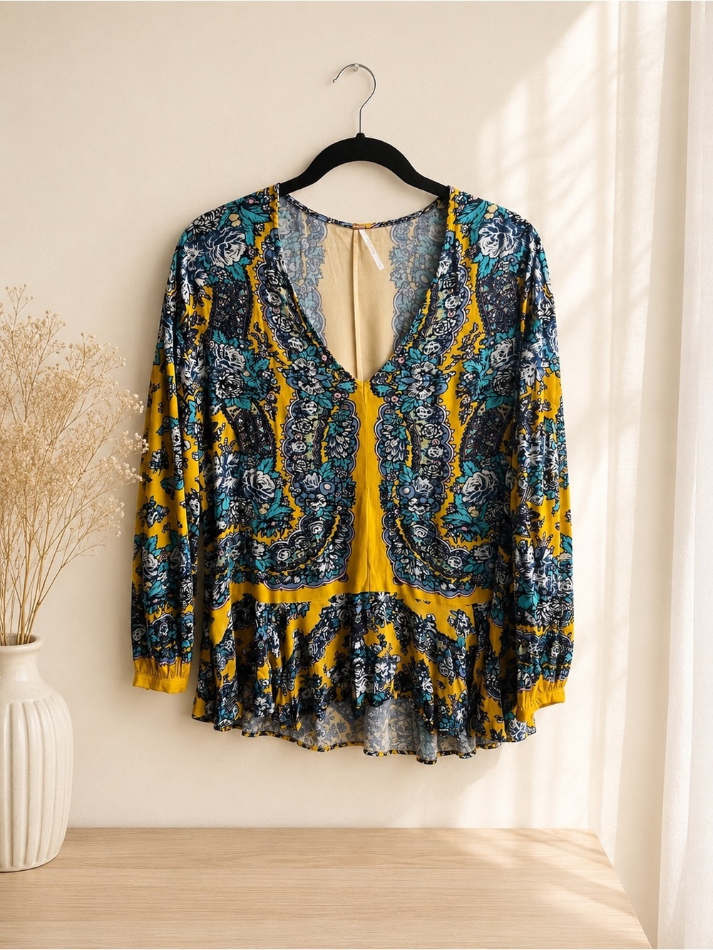 Free People Mustard Paisley Peplum Top Sz M